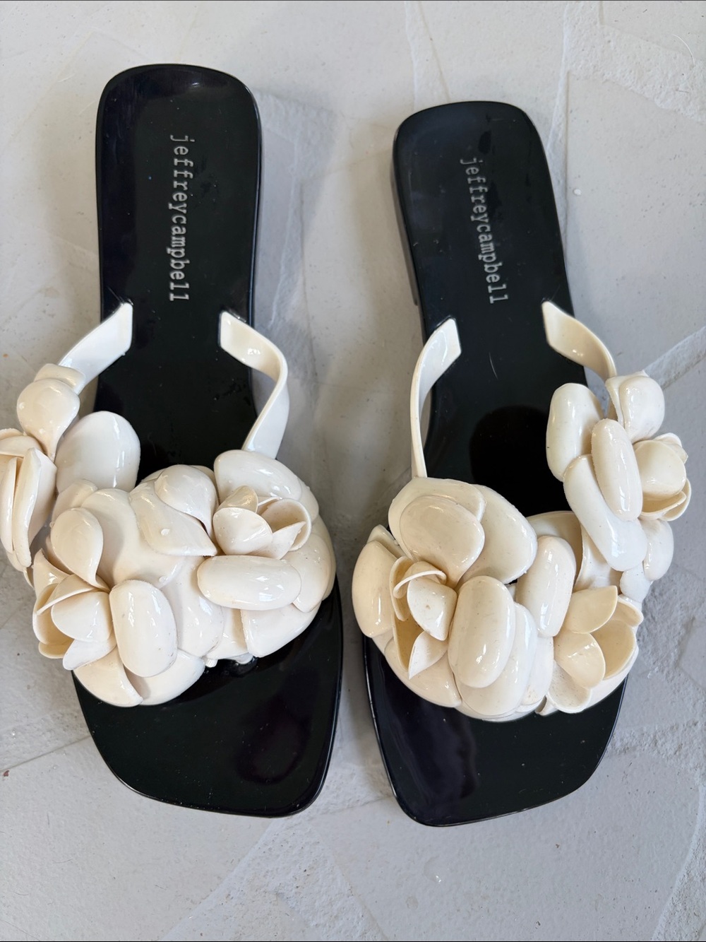 Jeffrey Campbell Black Footbed Cream Floral Appliqué Sandals - Picture 2 of 2